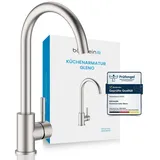 Bächlein Küchenarmatur Gleno (gebürsteter Edelstahl) – Einhand-Spültischbatterie aus Edelstahl mit 360° schwenkbarem Auslauf, Wasserhahn für die Küche in extra massiver Ausführung