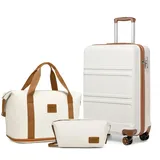 KONO Gepäcksets Handgepäck Set 3 Teilig Kofferset, 55cm Handgepäck Reisekoffer mit handgepäck Reisetasche mit Kulturbeutel (Creme Weiß)