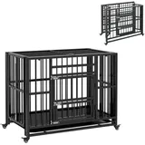 PawHut Klappbare Hundehütte für kleine und mittelgroße Hunde, Hundebox mit Doppeltüren, Rollen, Hundehaus, Stahl, Schwarz, 94 x 58 x 78 cm - schwarz