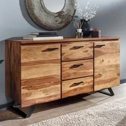 Kadima Design Stilvolles Sheesham Sideboard mit Baumkanten-Design, Metallgestell. 145x45x82 cm