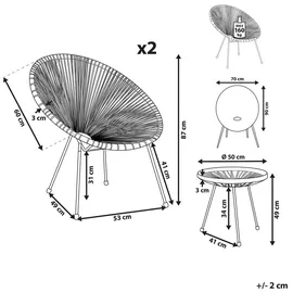 Beliani Balkonset Dunkelgrau Polyrattan Beistelltisch mit 2 Stühlen Spaghetti-Optik Modern Mexikanischer Stil Outdoor Balkon Terrasse Garten Möbel - Grau/Schwarz