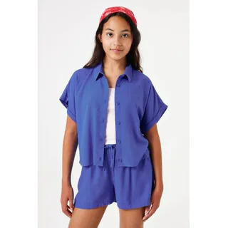 Hemdbluse GARCIA, Mädchen, Gr. 140/146, hyper blau, Web, Obermaterial: 70% Viskose, 30% Leinen, unifarben, regular fit taillenbedeckt, Umschlagsaum, Blusen Hemdbluse, for GIRLS