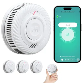 PHYSEN Smart WiFi Detector de Humo 10-Año Batería, Detector de Humo Con Sensor Fotoeléctrico, Función de Silenciado y Autocomprobación, Certificado DIN EN14604, Compatible Con Tuya/Smart Life App,3St