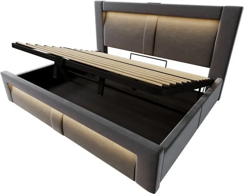 URBAN MEUBLE Polsterbett mit Stauraum, 180 x 200 cm, hydraulische Liftfunktion, LED-Beleuchtung, USB- & Typ-C-Anschlüsse, geschwungene Bettkopfplatte, Grau, Queen Size