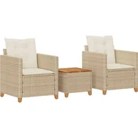 vidaXL 3-tlg. Bistro-Set mit Kissen Beige Poly Rattan Akazienholz