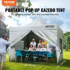 Vevor Pavillon 304,8x304,8x320cm Gartenzelt 500D PU-Silber-Gewebe Faltpavillon höhenverstellbar inkl. Aufbewahrungstasche Partyzelt 6-8 Personen Pop up Zelt Weiß Gartenpavillon für Campingausflug
