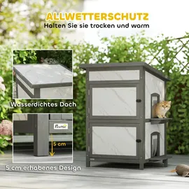 PawHut Katzenhaus aus Holz, 2-stöckiges Outdoor Isolierte Katzenhütte mit Fenster Türen