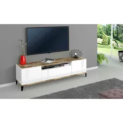 Dmora Fernsehschrank Ivan, Niedriges Sideboard für Wohnzimmer mit 2 Türen, Sockel für TV-Möbel, cm 160x40h47, Weiß glänzend und Ahorn
