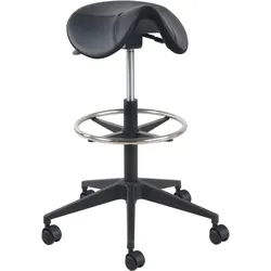 Euroseats Matera Sattelhockersitz aus schwarzem Spaltleder, stufenloser Kippmechanismus, mit Fußring für zusätzlichen Halt