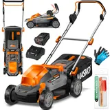 MASKO® Akku Rasenmäher mit Mulchfunktion, Akku Li-Ion Batterie 4Ah & Ladegerät Rasentrimmer 33cm Schnitt-Breite 5X Höhenverstellbar 30L Fangkorb Flächen bis 150m2 inkl. Handschuhe & Bürste