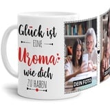 Tassendruck Fototasse mit Spruch für Uroma - Glück ist, jemanden wie Dich zu haben - zum Selbst gestalten mit 2 Fotos, Weiß, 300 ml