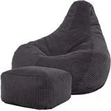 I.C.O.N. Icon Dalton Sitzsack mit Hocker Cord, Dunkelgrau, Gaming Sitzsack Erwachsene mit Füllung, Bean Bag, Cord Sessel, Lounge Sessel, Lounge Stuhl, Schlafzimmer, Wohnzimmer, Wohnzimmer Möbel