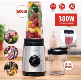 Alpina Smoothie Maker Mixer - Smoothie Mixer 300W - Inkl. Smoothie Becher 300ml und 600ml - 2 Geschwindigkeiten und Pulsierende Funktion - Edelstahl - Silber/Schwarz