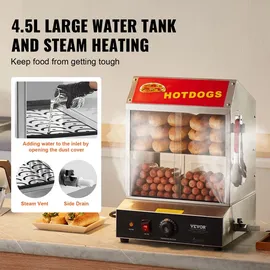 Vevor Hot Dog Dampfgarer, 27L, 2-stufiger Hot Dog Hütten-Dampfgarer, 30°C~85°C Temperaturregelung, elektrischer Brötchenwärmer mit Schiebetüren aus gehärtetem Glas, Trennplattenzange, Edelstahl