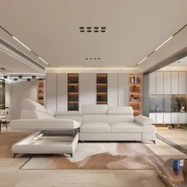 masseno Ecksofa FAVIEN L-S mit Schlaffunktion L-Form, Sofa mit Bettkasten, Wohnzimmersofa, Couch, Soffa, Bettsofa, Couchgarnitur- Creme, Boucle-Stoff