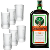 Jägermeister Set – 1 x 6er Set Shotgläser 4cl und 1 x 1l Premium Kräuterlikör 35% Vol. – Das Original aus Wolfenbüttel