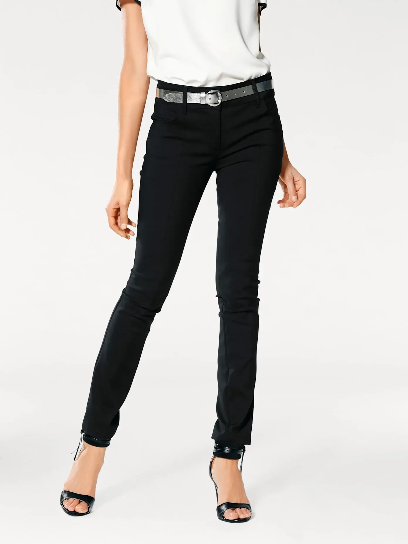 Röhrenhose HEINE, Damen, Gr. 18, Kurzgrößen, schwarz, 48% Baumwolle, 45% Polyester, 7% Elasthan, Miedereinsatz:15% Elasthan, 85% Polyamid, unifarben, lang, Hosen