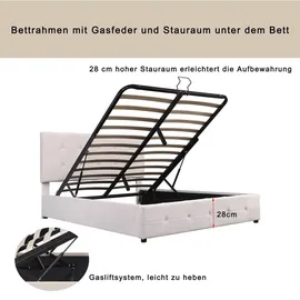 SOFTWEARY Polsterbett, Doppelbett mit Lattenrost und Bettkasten, 140x200 cm, gepolsterter Kopfteil höhenverstellbar, Bezug aus Samt - Creme