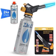 Z.M.C Gasbrenner 1,3kW + 24x Gaskartuschen 227g, Flambierbrenner, Temperatur bis zu 1300°C, Bunsenbrenner Lötbrenner mit Piezozündung, Küchenbrenner mit einstellbare Flamme, Abflammgerät