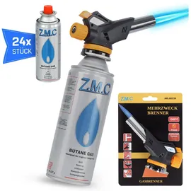 Z.M.C Gasbrenner 1,3kW + 24x Gaskartuschen 227g, Flambierbrenner, Temperatur bis zu 1300°C, Bunsenbrenner Lötbrenner mit Piezozündung, Küchenbrenner mit einstellbare Flamme, Abflammgerät