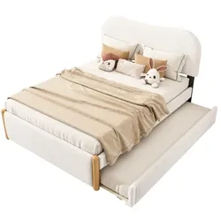 Merax 140*200cm Flachbett, gepolstert, mit praktischem ausziehbares Rollbett, minimalistische Formgebung, weiß