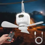 Deckenventilator mit Beleuchtung Camping, Aufladbar Deckenventilator mit Licht und Fernbedienung, USB, Timer, Geeignet für Schlafzimmer, Terrasse, Sonnenschirm, Werkzeugraum, Pavillon, Vordach (Weiß)