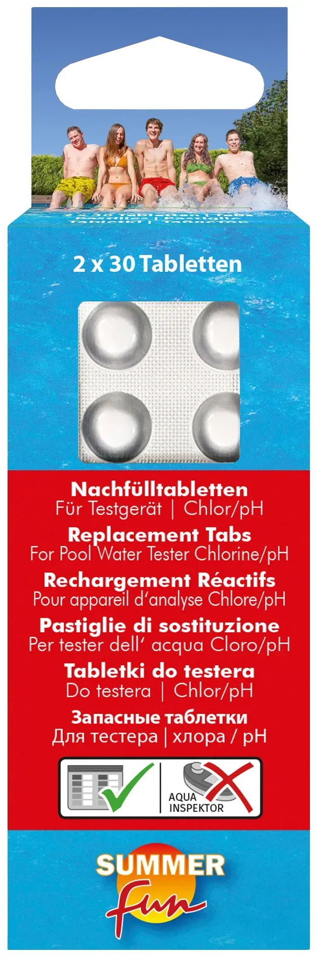 Poolpflege SUMMER FUN "Nachfülltabletten" Wasserpflegemittel weiß für Wassertestgerät ChlorpH-Wert