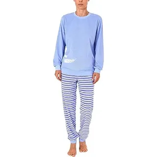 Damen Frottee Pyjama, Rundals, Uni, Hose in Ringel-Optik, Violett, 61526, Gr. L 44/46 - 44