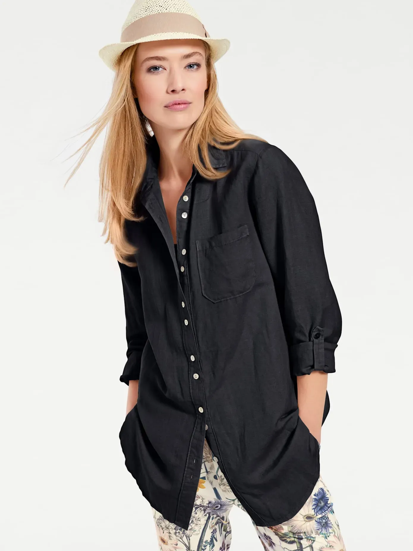 Longbluse HEINE, Damen, Gr. 40, blau (marine), 55% Baumwolle, 45% Leinen, unifarben, Blusen Longbluse