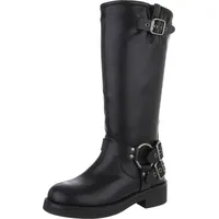 Ital-Design Damen Stiefel Flache Stiefel, DES698-, Kunstleder, Schwarz Gr. 38 - 38