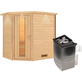Woodfeeling Sauna Svea Eckeinstieg, 9 kW Saunaofen mit integrierter Steuerung