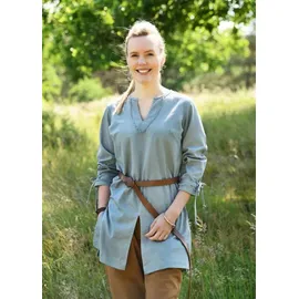 Battle-Merchant - Mittelalter Tunika Ylva für Frauen, Tailliertes frühmittelalter Hemd, Schildmaid Outfit, LARP, Wikinger, Pirat, Kostüm (S, Blaugrau) - S