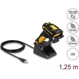 DeLock Industrie Barcode Scanner 1D und 2D für 433 MHz oder Bluetooth mit induktiver Ladestation (2D-Barcodes, 1D-Barcodes, Barcode-Scanner, Schwarz, Gelb