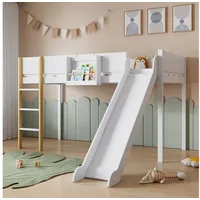 TavilaEcon Hochbett Kinderbett Jugendbett mit Rutsche und dreistufiger gerader Leiter mit abnehmbarem Regal, Kiefer+MDF, Weiß+Natur, 90x200cm weiß