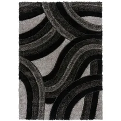 Kadima Design Hochflor-Teppich aus 100% recyceltem Polyester, handgeschnitzt & umweltfreundlich  – `Nadd`. Grau-Schwarz, 80x150 cm
