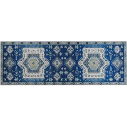 Teppich blau / beige orientalisches Muster 70 x 200 cm Kurzflor PARVAKADLI