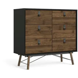 Rye Kommode 6 Schubladen mattschwarz, Walnuss Dekor.
