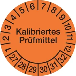 König Werbeanlagen Prüfplakette ab 27, Kalibriertes Prüfmittel, Orange/Schwarz, Folie, Ø 30 ́mm - Bogen = 10 Plaketten - 30 mm Folie selbstklebend