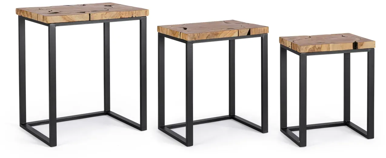 Beistelltisch Elwood 3er-Set aus Teakholz, modern und massiv, rechteckig, natur, schwarzes Metallgestell
