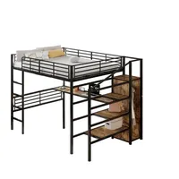 Rutaqian Hochbett Eisengestellbett mit Schreibtisch, offener Kleiderschrank, Treppe (Hochbett 4-lagiges Lagerregal für Treppen(Ohne Matratze) schwarz 145 cm x 244.5 cm x 170.2 cm