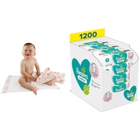Teqler Baby-Wickelunterlagen: Wickelunterlagen mit verschiedenen Motiven für unterwegs, hygienisch mit Superabsorber 40 x 60cm (50-er Pack) & Pampers Sensitive Baby Feuchttücher, 1200 Tücher (15 x 80)