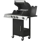 MC Star Holzkohlegrill Gasgrill 10,5 KW 3+1 Brenner BBQ Grillwagen Edelstahl inkl, Seitenbrenner Flaschenöffner Thermometer Gusseisen-Grillrost