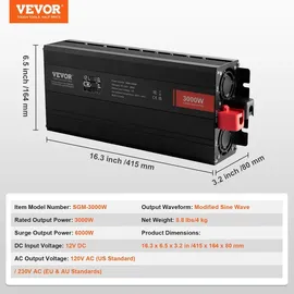 Vevor Sinus-Wechselrichter 3000 W DC 12 V AC 230 V LCD-Display Wechselrichter mit 3 AC-Steckdosen 2 USB-Anschlüssen 1 Typ-C-Anschluss 10 Ersatzsicherungen für große Haushaltsgeräte