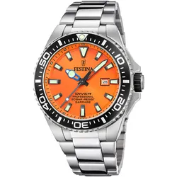 Taucheruhr FESTINA "Diver Collection", silber (silberfarben, orange), Armbanduhren, Armbanduhr, Herrenuhr, Taucheruhr, Silikonarmband, Datum
