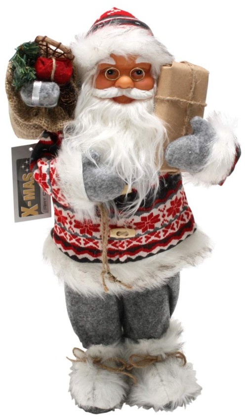 Weihnachtsmann 40 cm grau weiß mit Paket Geschenk XMAS