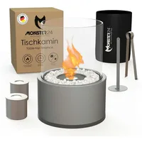 Monster24 Tischfeuer Bio-Ethanol Tischkamin für Indoor & Outdoor, Echtfeuer-Dekokamin (Höhe 36 cm / Durchmesser 26 cm) grau 36 cm