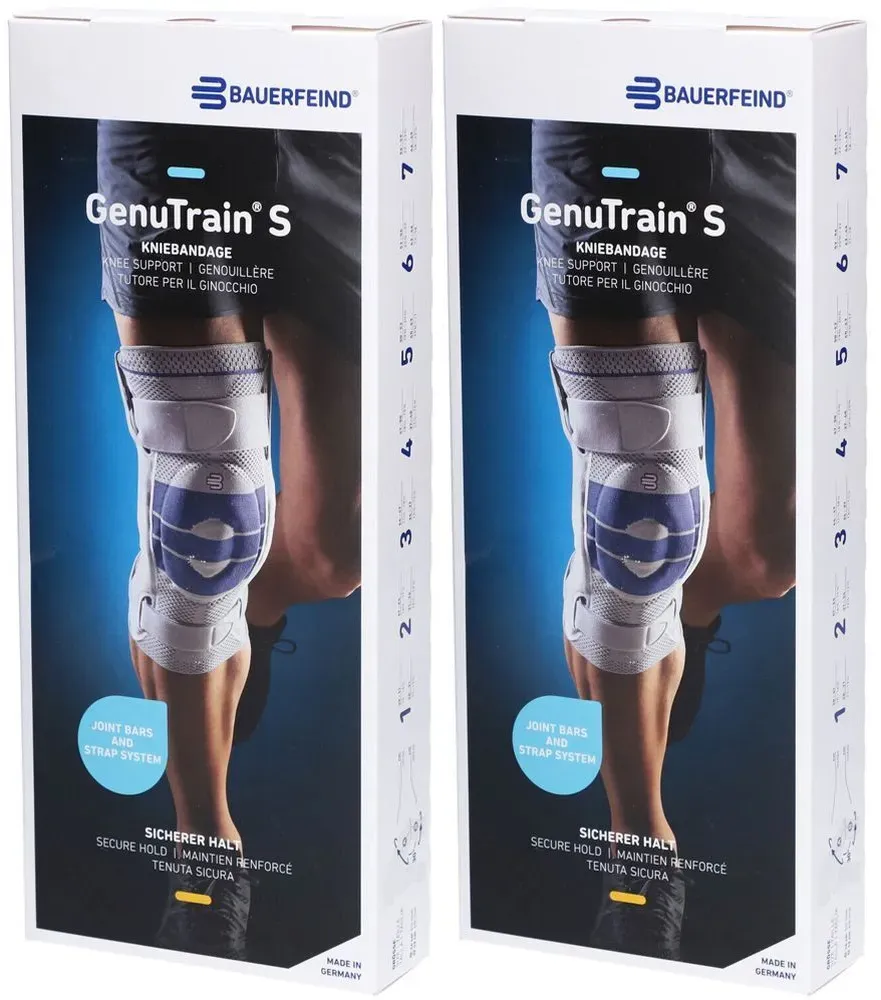 Bauerfeind® GenuTrain S Aktive Kniebandage mit seitlichen Gelenkstabilisatoren Gr. 5 Rechts Titan