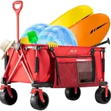 Famanu Bollerwagen Rot - Faltbar mit Vorderradbremse - Drehbare & Stabile Räder - Trolley mit Verstellbarem Griff - Becherhalter - 120 kg Tragkraft