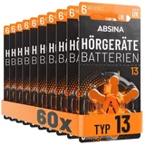 ABSINA Hörgerätebatterien 13 60 Stück mit gut greifbarer Schutzfolie - Hörgeräte Batterien 13 Zink Luft mit 1,45V - Typ 13 Batterien Hörgeräte Orange - PR48 ZL2 P13 Hörgerätebatterien