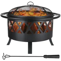 Feuerschale, Feuerschalen für den Garten, Ø 81cm Feuerschale mit funkenschutz und Schürhaken, Feuerkorb mit Grillrost(Ø 58cm), BBQ Feuerstelle Outdoor, Schwarz, Groß